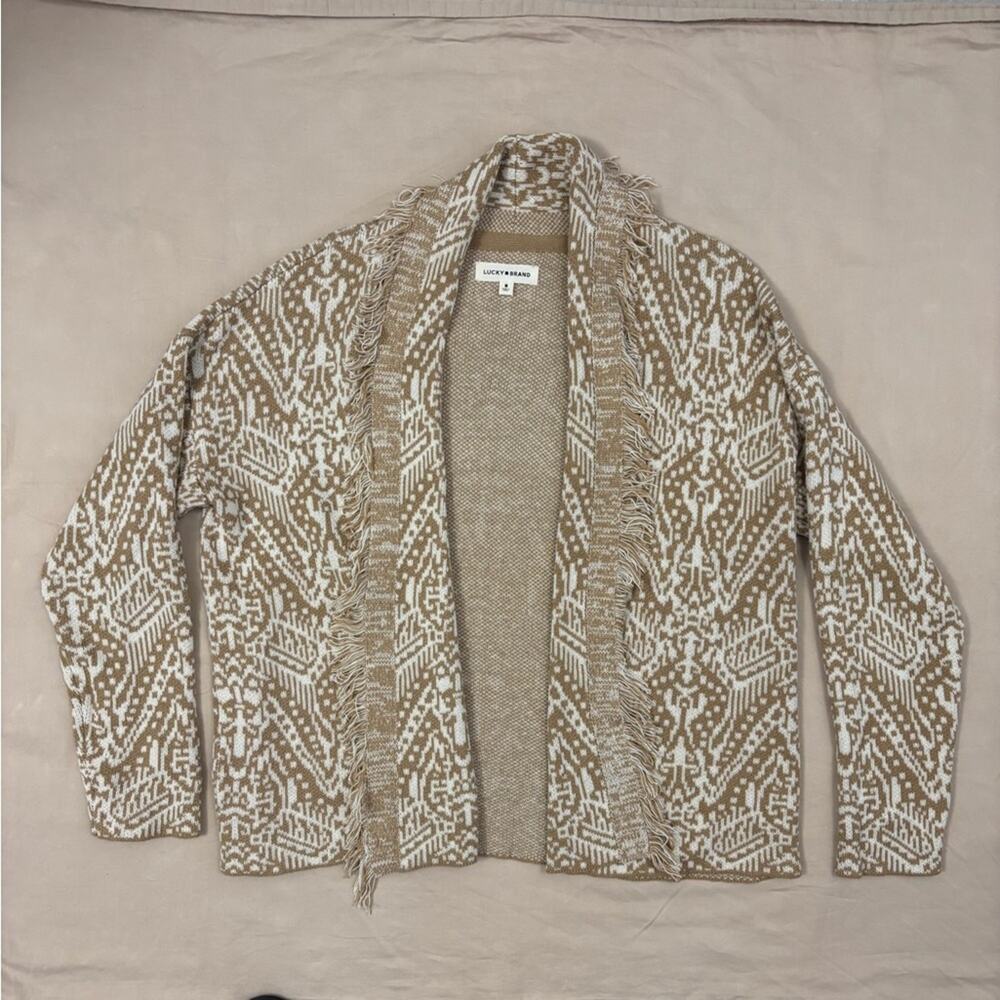Lucky Brand Women’s Tan and White Knit Open Cardigan with Fringe Size Medium